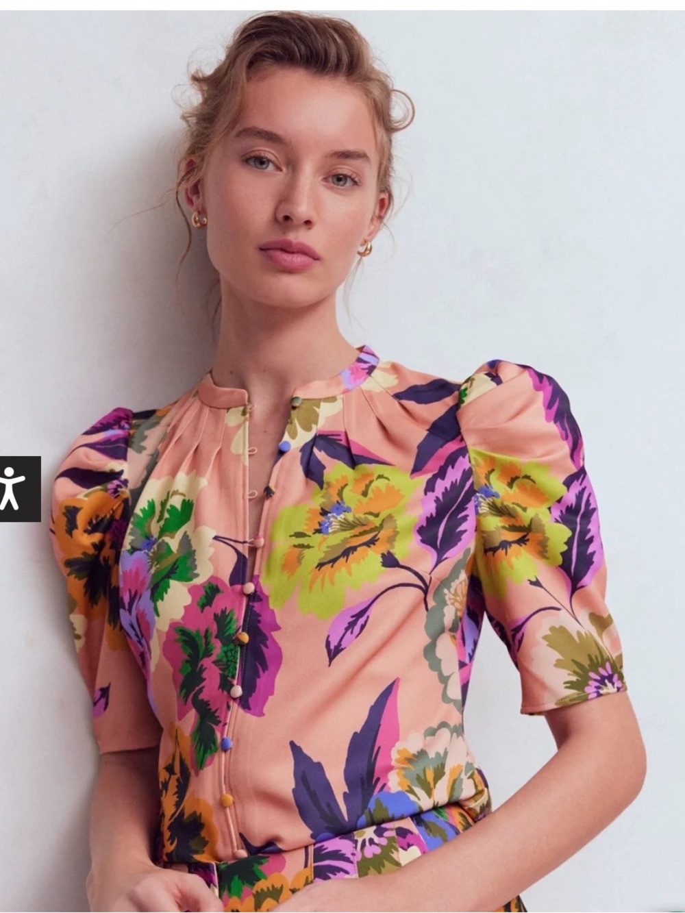 Boden Peach Floral Puff-Sleeve Blouse with Multicolor Print